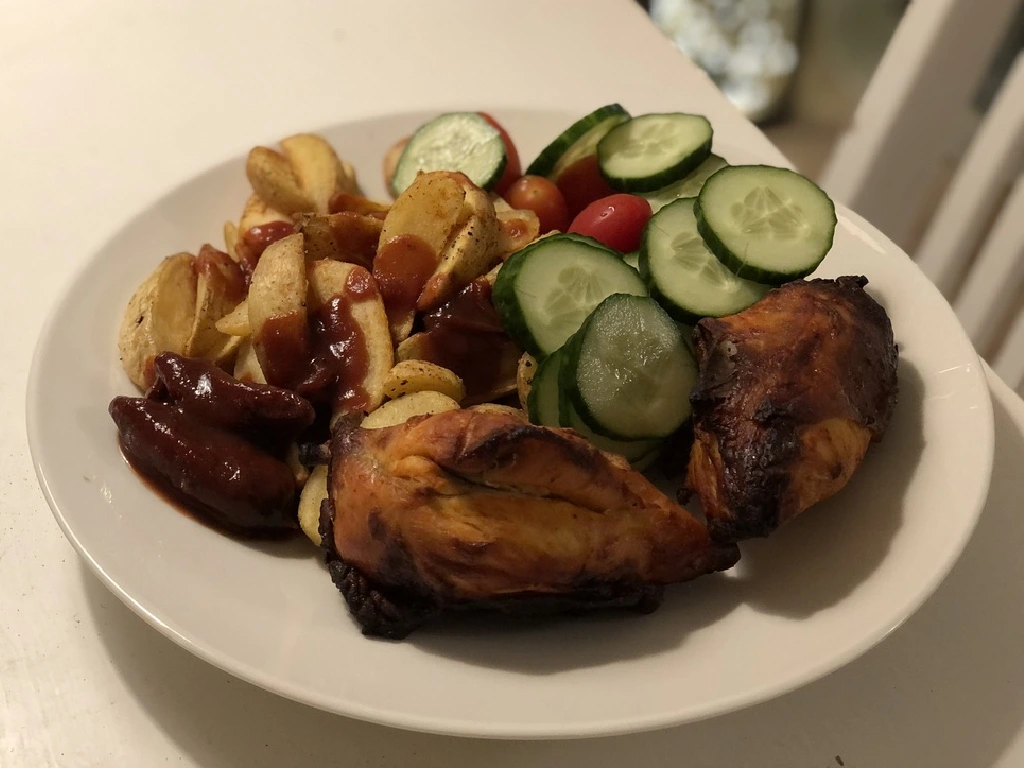 Kanaa ja lohkoperunoita. Balls to the Wall blogi.